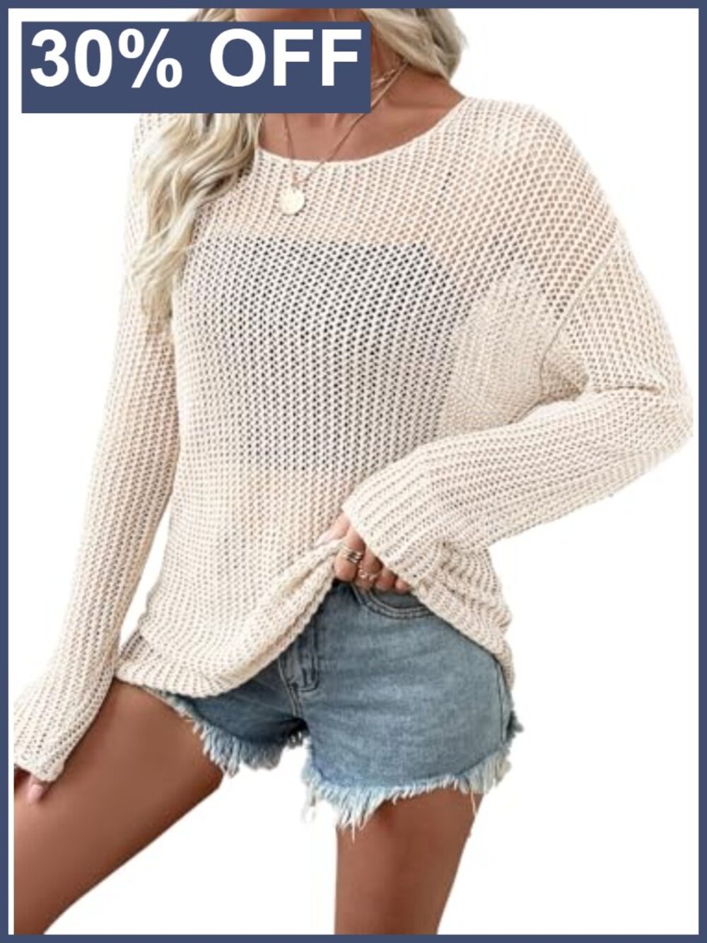 Crochet Hollow Out Knit Pullover Sweater, Crewneck Long Sleeve, Lightweight